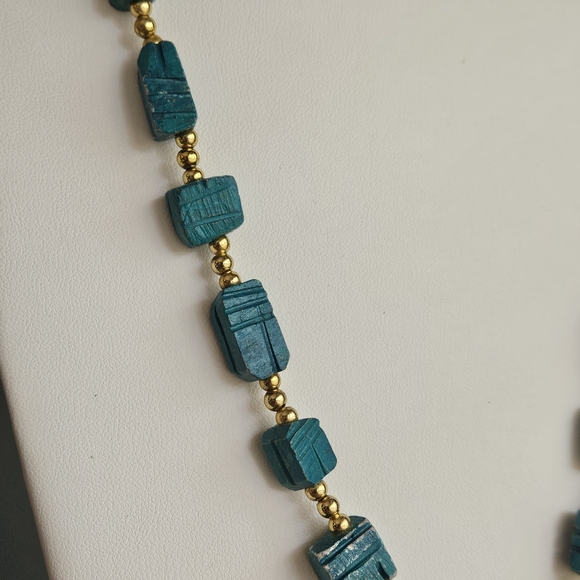 Vintage Scarab Necklace Egyptian Revival Beaded Blue Beetle Glazed Ceramic 28-in - Picture 6 of 13